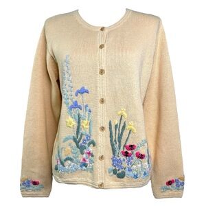 Vintage Cottagecore Cardigan Yellow Floral Embroidered Sweater Orvis